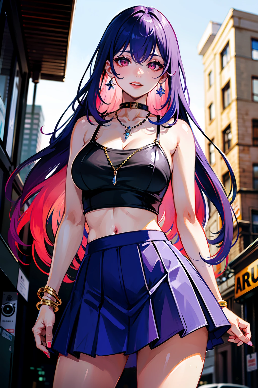 masterpiece, best quality, highly detailed, 1girl, solo, perfect anatomy, slim, red eyes, blue hair, bangs, purple hair, hair between eyes, multicolored hair, gradient hair, pink lips, thick thighs , edgCT, blouse, wearing edgCT, chic top, light smile, detailed background, outdoor, standing, sexy, sunglasses, skirt, earrings, necklace, bracelet,