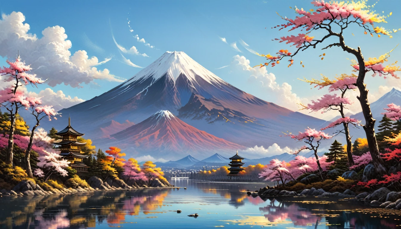 Gold leaf art, Alena Aenami, (masterpiece, Highest quality, Professional, Perfect composition, so beautiful, Absurd, Super detailed, Intricate details:1.3)、Mount Fuji in the center with no other mountains、Inverted Fuji reflected in the lake