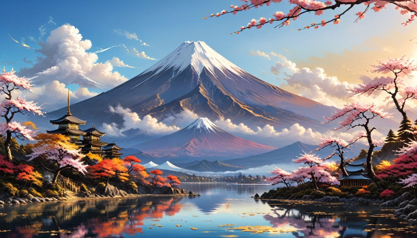 Gold leaf art, Alena Aenami, (masterpiece, Highest quality, Professional, Perfect composition, so beautiful, Absurd, Super detailed, Intricate details:1.3)、Mount Fuji in the center with no other mountains、Inverted Fuji reflected in the lake