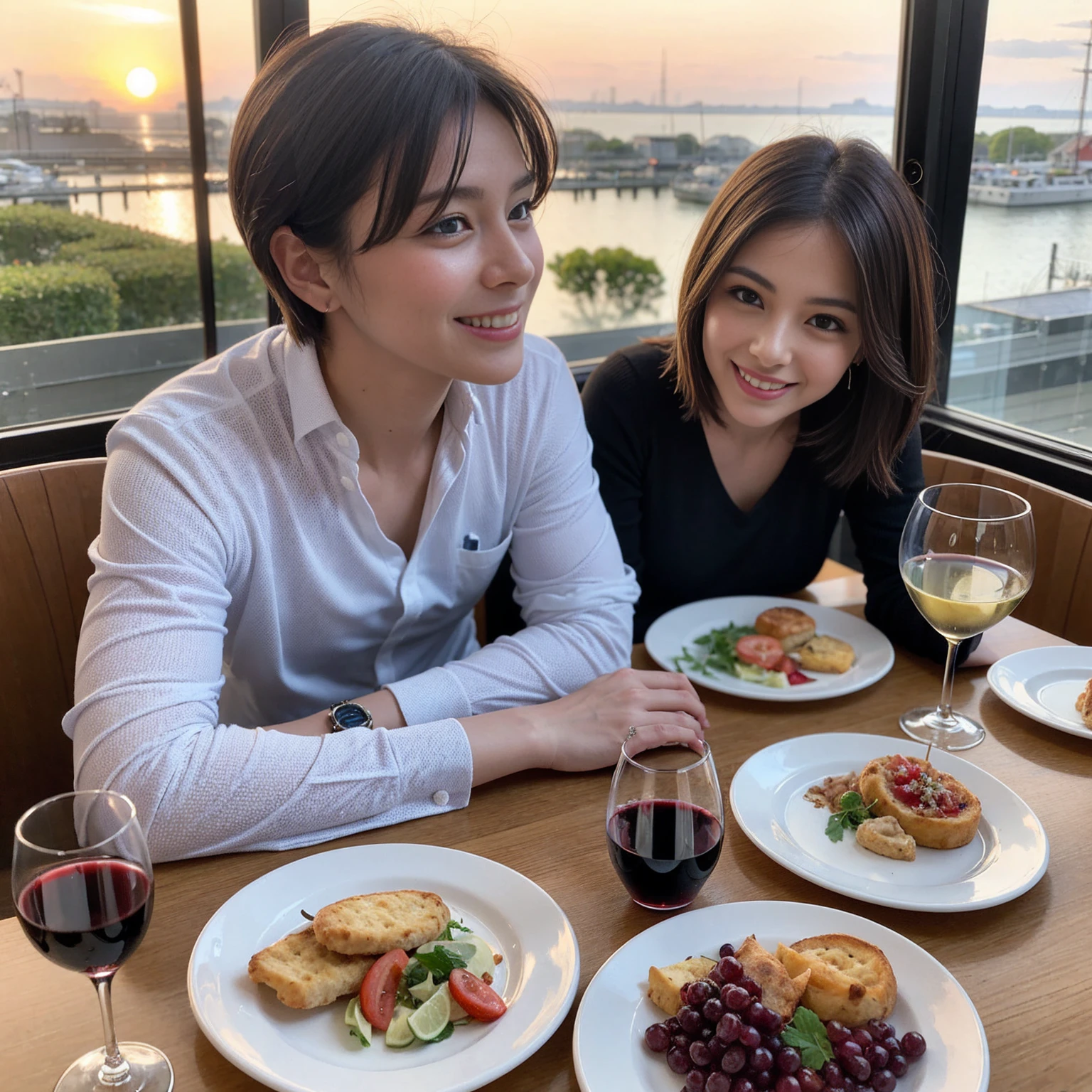 ((Highest quality、8K、masterpiece:1.3))、 (Ultra-realistic、 Genuine、Bright image、Intricate details:1.2), 最高のsmile、1 male 1 female、Slim Beauty、Beautiful couple、love love love、Lovers in Paris、Good friends、actress couple、smile、Full-course dinner at a packed table、 (Slim face), (the body is slim), (Brown Hair), (short hair), テーブルのwine glass、Please shine a light on my face、 Amazing view of the sunset sky and clouds、35 years old 39 years old, red wine 、Appetizers、Wine bottle、sparkling wine、Long sleeve shirt、dress、White wine, red wine, wine glass,