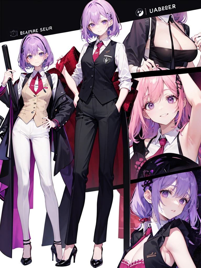 purple,High cut layered hair,woman,bartender,vest,shirt,tie,pants,high heels,all,simple background,smile,whole body,full body,full body,Standing picture,vtuber,upright,,look forward to,body facing forward