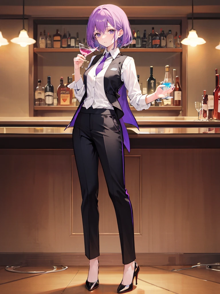 purple,High cut layered hair,woman,bartender,vest,shirt,tie,pants,high heels,all,simple background,smile,whole body,full body,full body,Standing picture,vtuber,upright,,look forward to,body facing forward