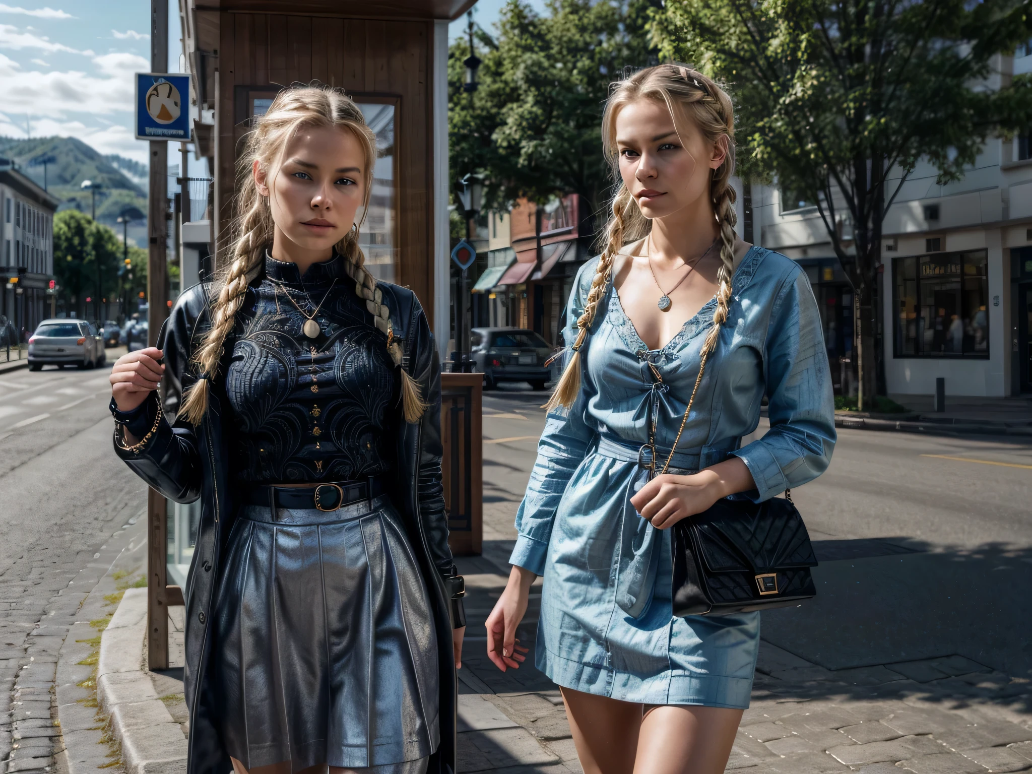 18 year old nordic woman, blonde braided hair, blue eyes, expensive european chic style, standing, detailed jewelry, various accessories, expensive purse, small pacific northwest town main road, photorealistic, high quality,intricate details, masterpiece, hyperrealistic, 8k, 