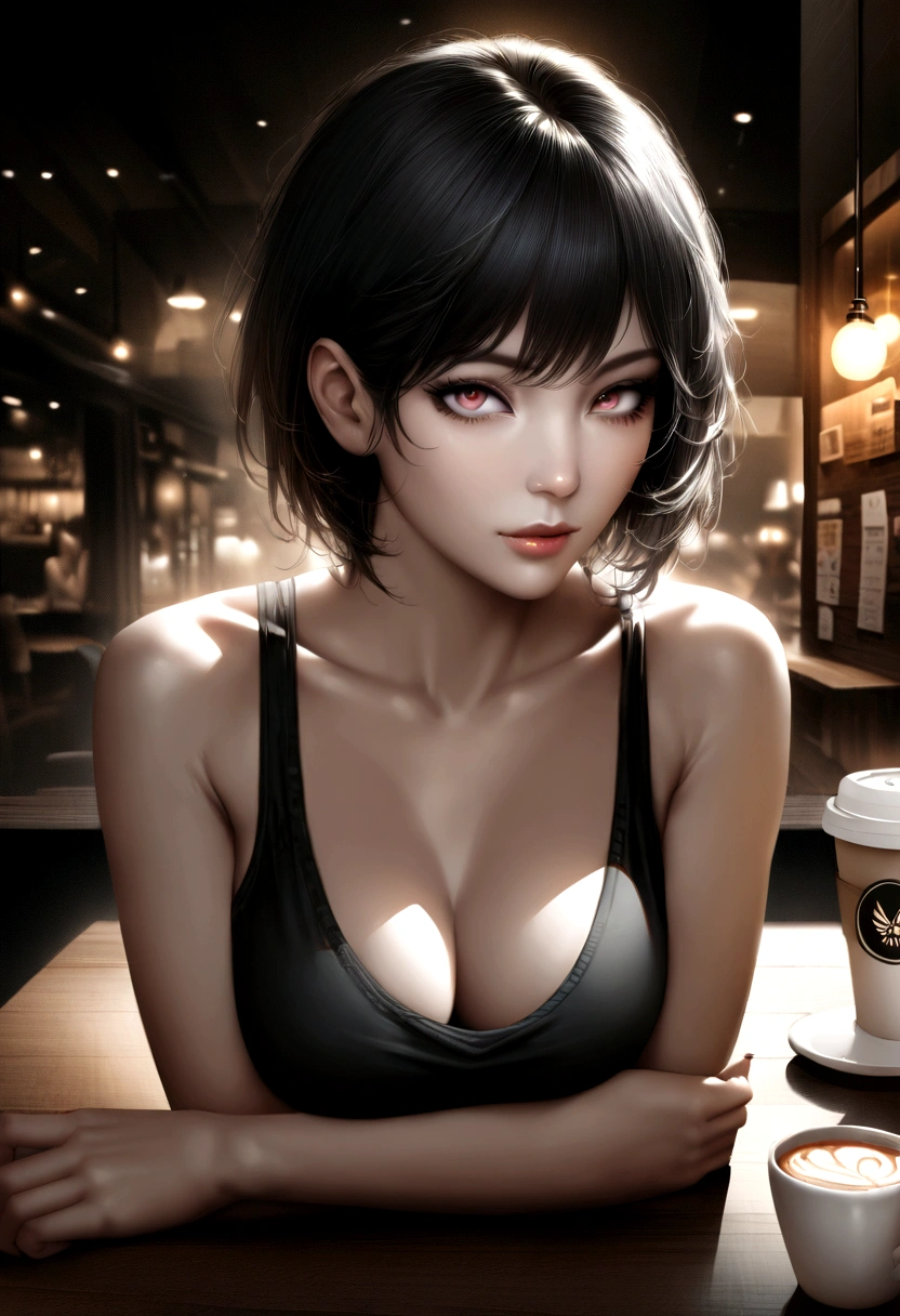 (realistic、highest resolution:1.3)、1 girl with perfect body、Very thin face and eyes、Short hair、tank top:1 random color.2、short jeans、at a cafe、coffee on the table、giant 、exposed cleavage