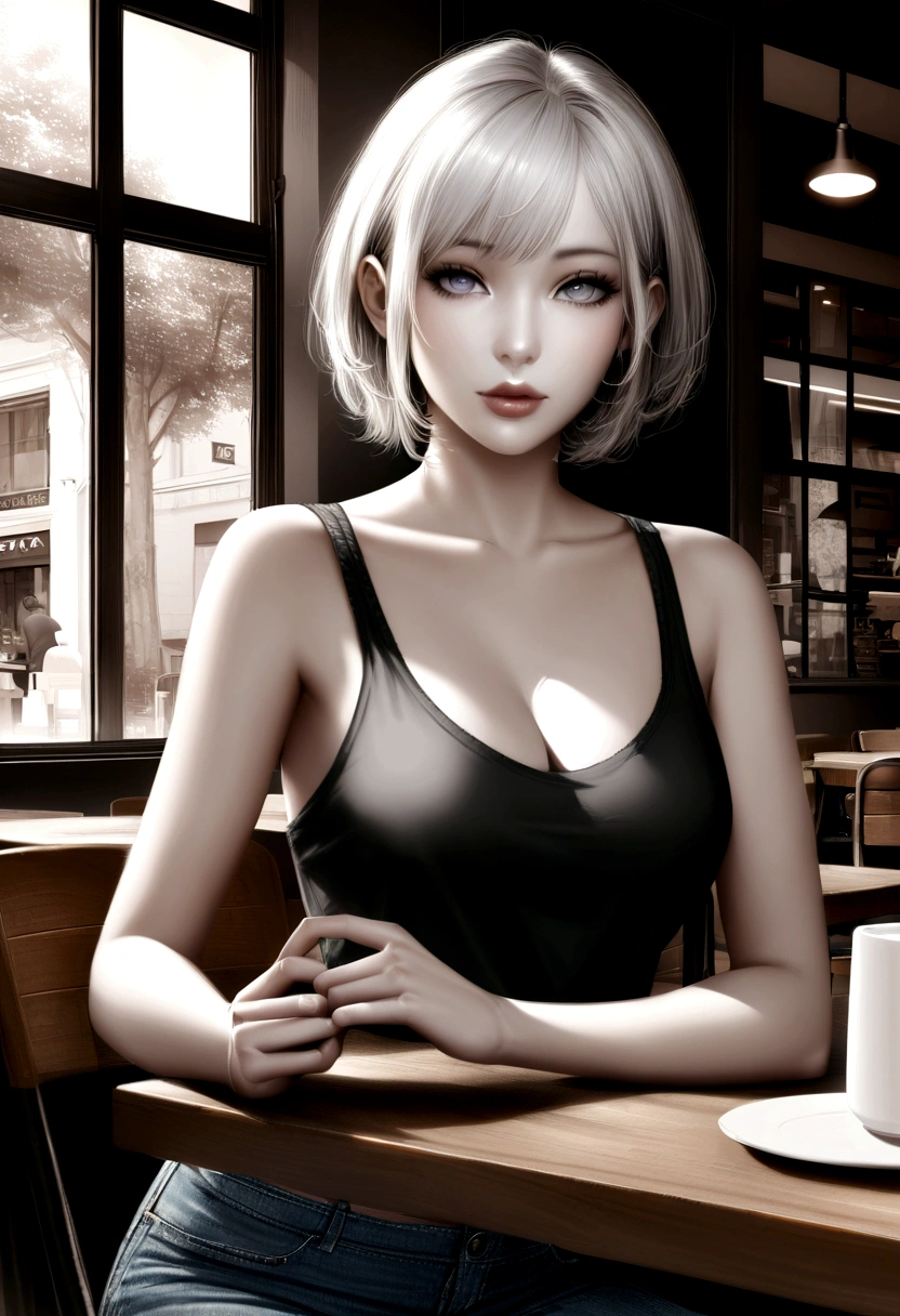 from side, upper body, BJD, doll joints, doll joints, BJD made of pure white glazed ceramics, electric drive, A fantastic and aesthetic image, Large half-closed golden glass eyes, urban style Pure white very short hair, a thin and haggard face, face without makeup, The ball-jointed doll is modeled after a 18-year-old woman, European features, silk white tube top dress, slender limbs, beautiful detailed face, sitting on a wooden chair, old european houses, indoor, beautiful artwork, High-definition, 4k, 8k,