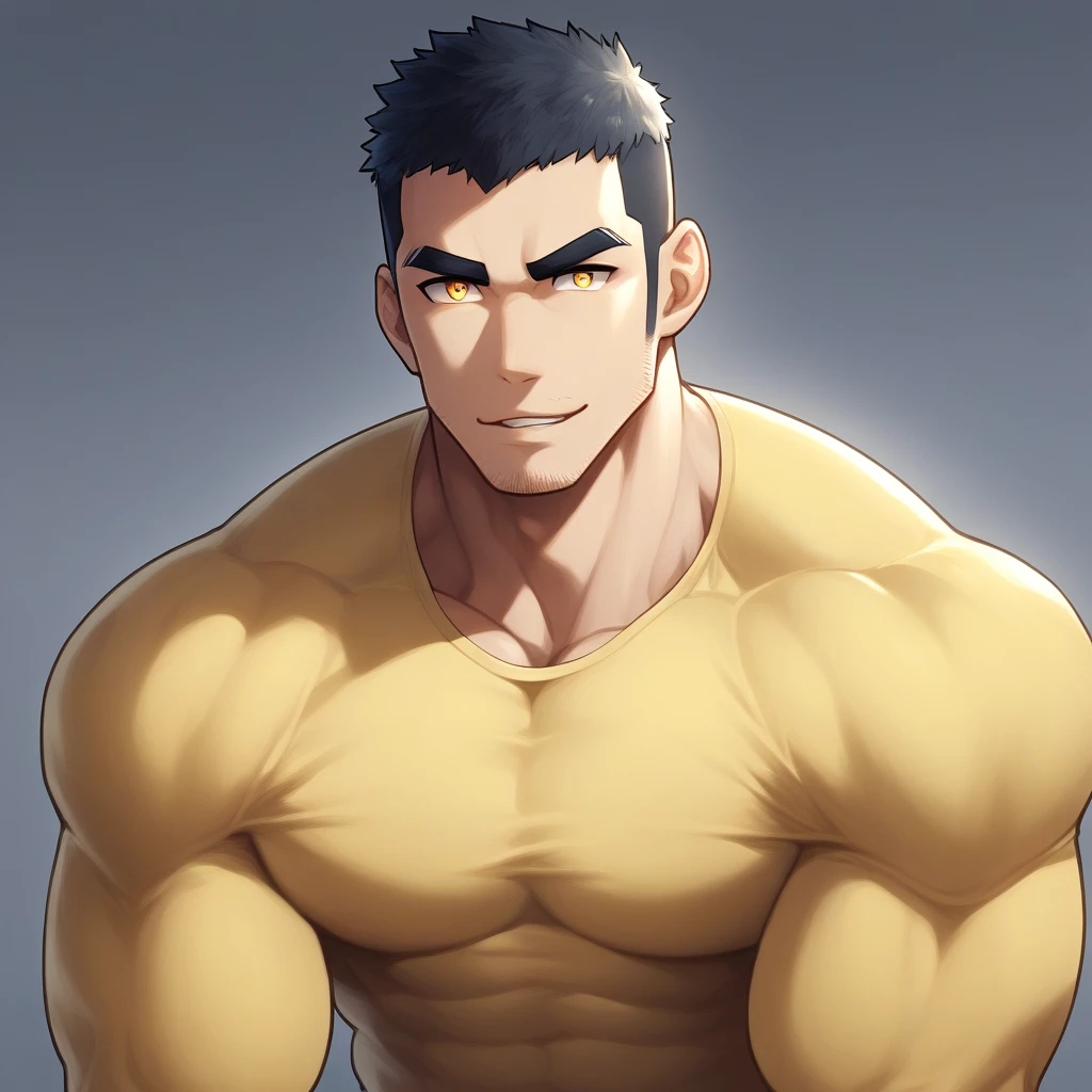 anime characters：Gyee, Muscle Sports Student, 1 muscular tough guy, Manliness, male focus, Light Yellow long sleeve tights, Very tight, The pectoral muscles are oversized, Slightly transparent, muscular male, muscular, only, Upper body, alone, Black short hair, Thick eyebrows, stubble, Yellow eyes, Grey background, simple background, amazing quality, best aesthetics, Ridiculous, bright pupils, crew cut, parted lips, seductive smile, torogao, naughty face, drop shadow, best quality