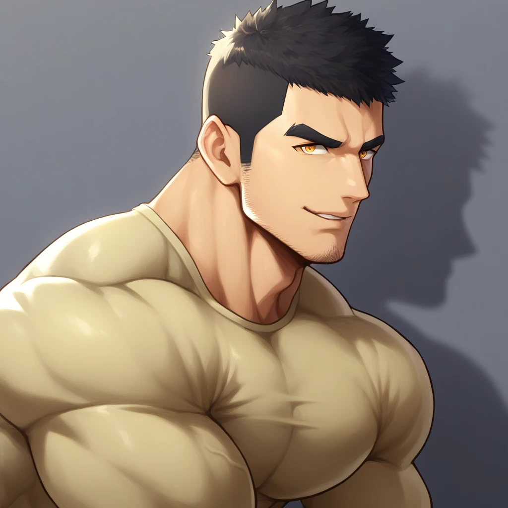 anime characters:Gyee, Muscle Sports Student, 1 muscular tough guy, Manliness, male focus, Light Yellow long sleeve tights, Very tight, The pectoral muscles are oversized, Slightly transparent, muscular male, muscular, only, Upper body, alone, Black short hair, Thick eyebrows, stubble, Yellow eyes, Grey background, simple background, amazing quality, best aesthetics, Ridiculous, bright pupils, crew cut, parted lips, seductive smile, torogao, naughty face, drop shadow, best quality