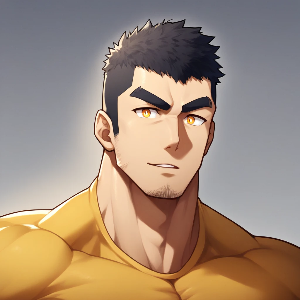 anime characters:Gyee, Muscle Sports Student, 1 muscular tough guy, Manliness, male focus, Light Yellow long sleeve tights, Very tight, The pectoral muscles are oversized, Slightly transparent, muscular male, muscular, only, Upper body, alone, Black short hair, Thick eyebrows, stubble, Yellow eyes, Grey background, simple background, amazing quality, best aesthetics, Ridiculous, bright pupils, crew cut, parted lips, seductive smile, torogao, naughty face, drop shadow, best quality