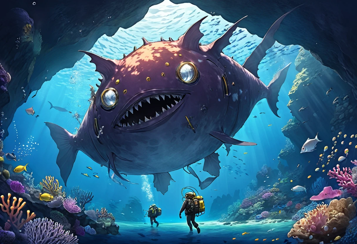 An anglerfish monster disguised as a giant underwater cave、The treasure hunter divers approach without noticing.、