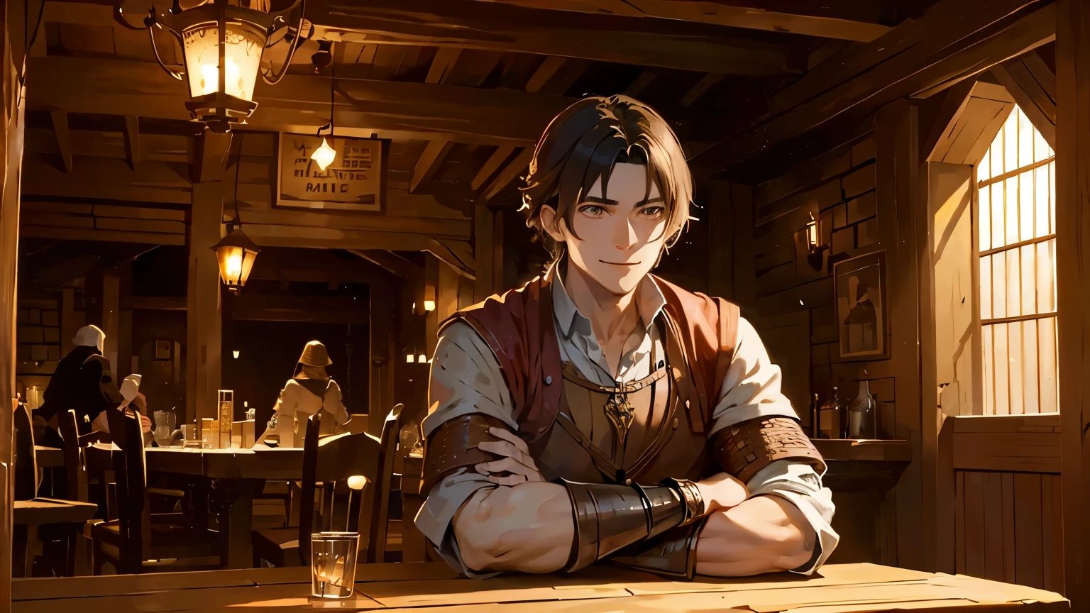 A painting in the style of Caravaggio, depicting a 20-year-old man dressed in shabby white, fisherman commoner's clothing, sitting alone at a pub tavern table with a sad and brooding face, medieval fantasy setting