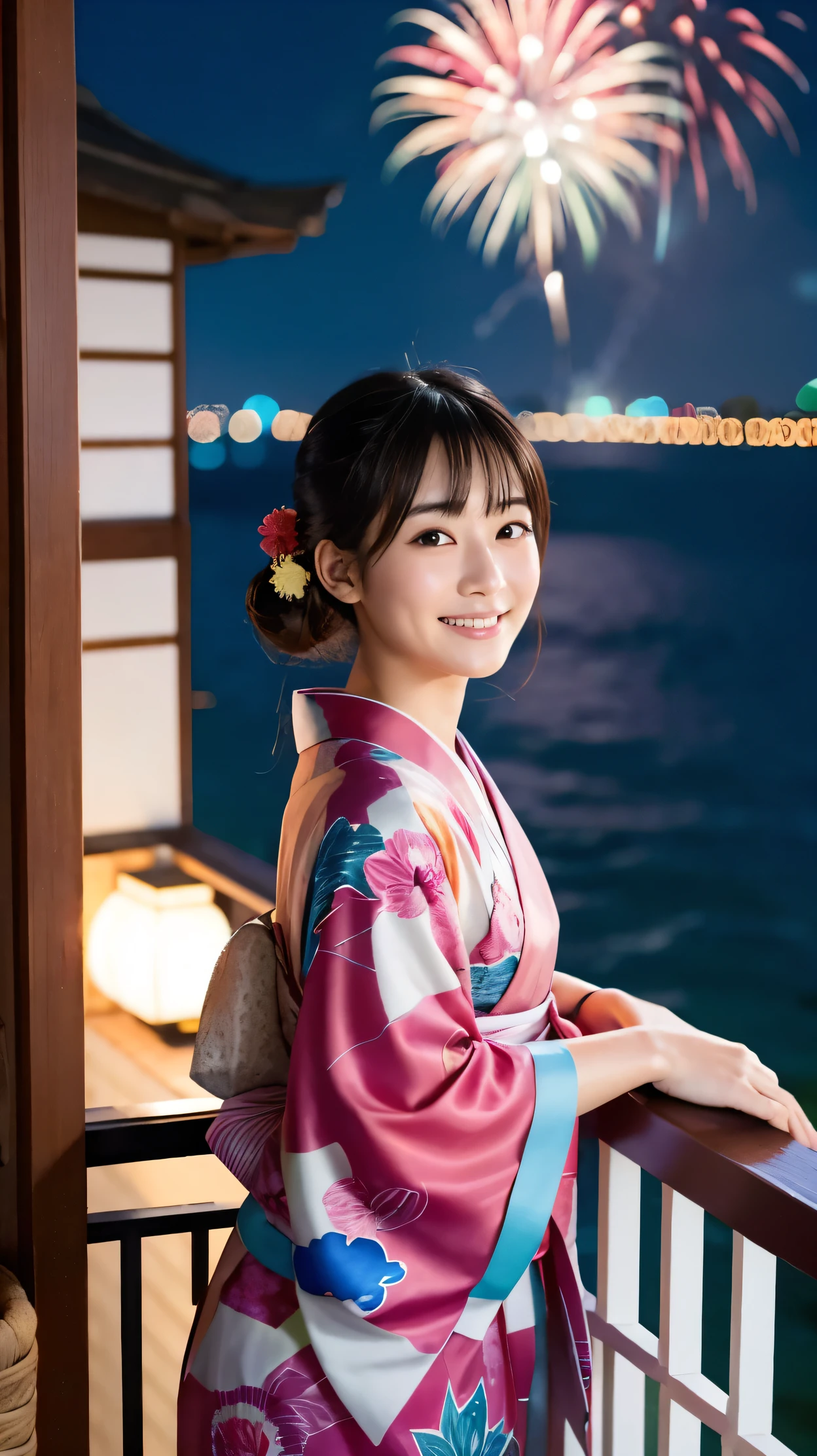 Japanese、Age 25、younger sister、Randomly generated people with diverse facial features and hairstyles々々、Perfect Anatomy,Ocean、balcony、firework、Night Sky、打ち上げfirework、yukata