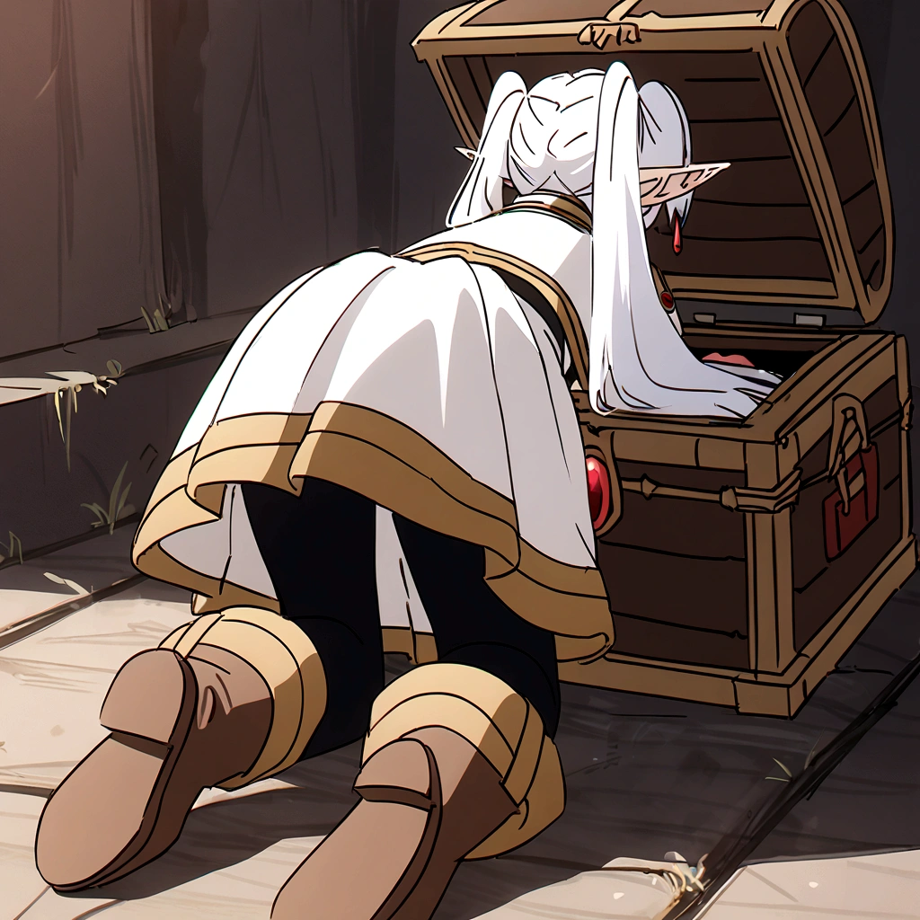 nereirfpnxl, frieren, pointy ears, 1girl, twintails, white hair, black pantyhose, boots, brown footwear, white jacket, white skirt, all fours, from behind, mimic chest made of wood, Fangs, Rummaging through the box,