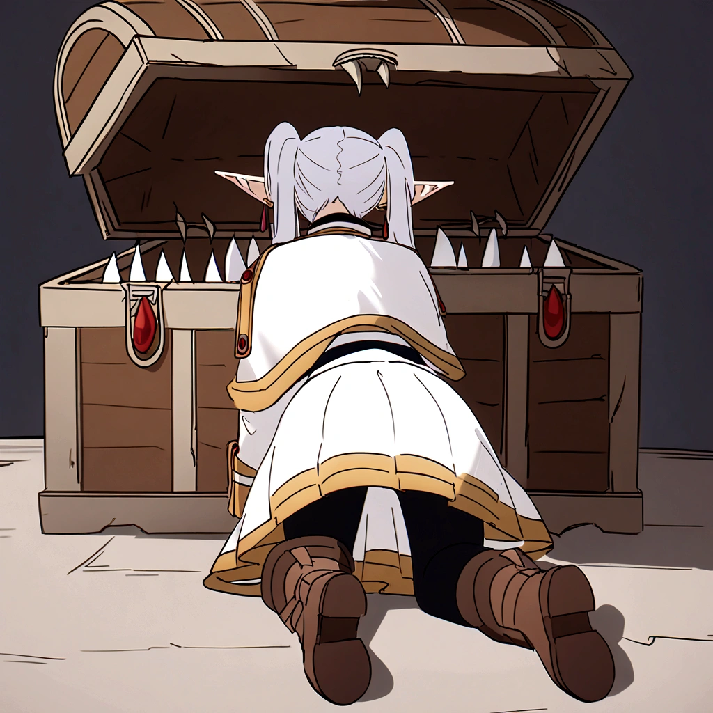 nereirfpnxl, frieren, pointy ears, 1girl, twintails, white hair, black pantyhose, boots, brown footwear, white jacket, white skirt, all fours, from behind, mimic chest made of wood, Fangs, Rummaging through the box,