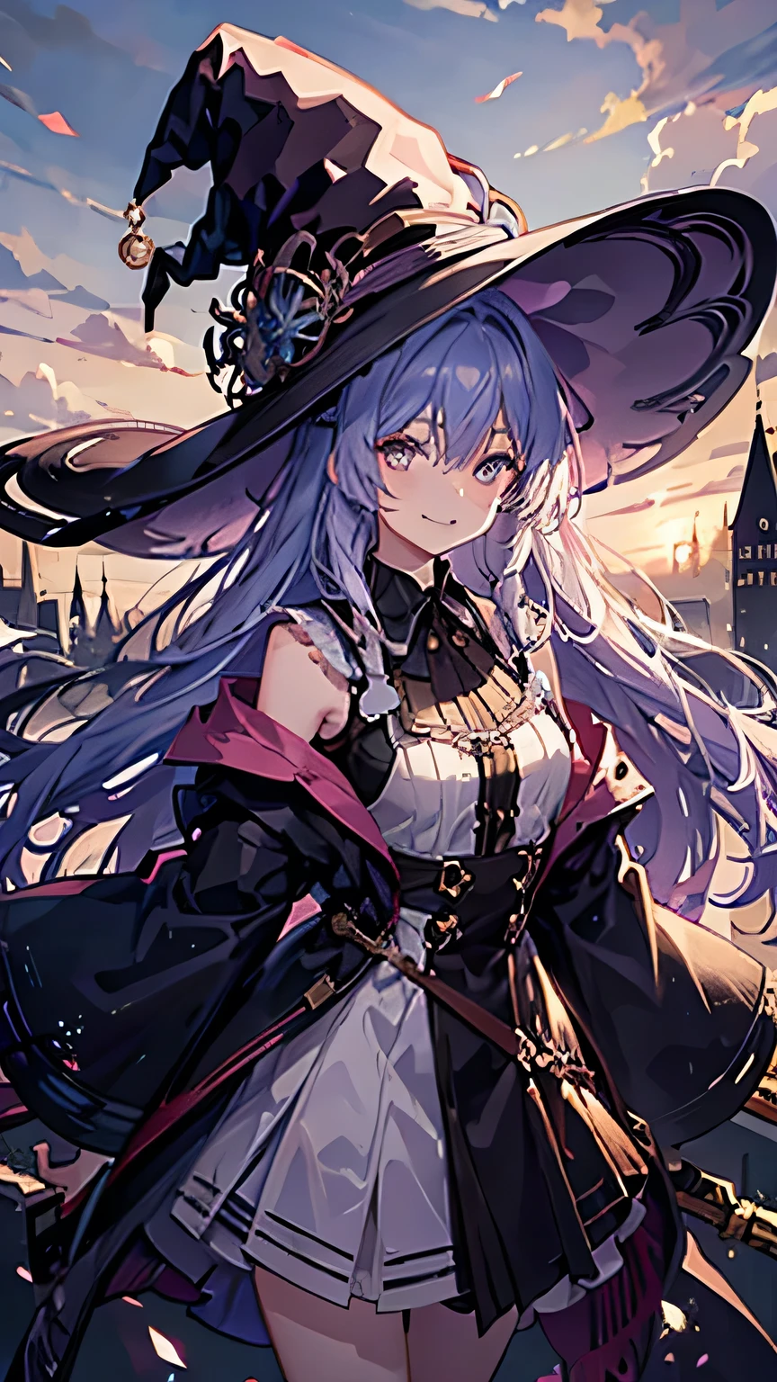 rainbow hair, hair over shoulder, messy hair, hair over eyes, witch hat, wizard hat, grin, bright pupils, happy, anime, cinematic lighting, UHD, ((masterpiece)), super detail, (detailed eyes, detailed face), high quality, highres, high details, Witch with powerful magical light, female wizard, wide-brimmed hat, wizard's staff, wand