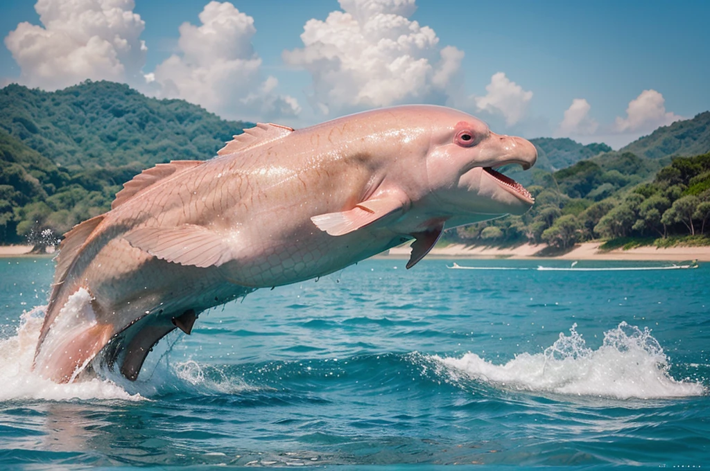 pink dolphin swim in thai ocean near speed boat, real photography, medium shot