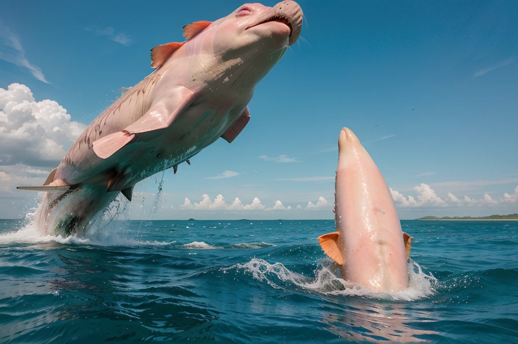 pink dolphin swim in thai ocean near speed boat, real photography, medium shot