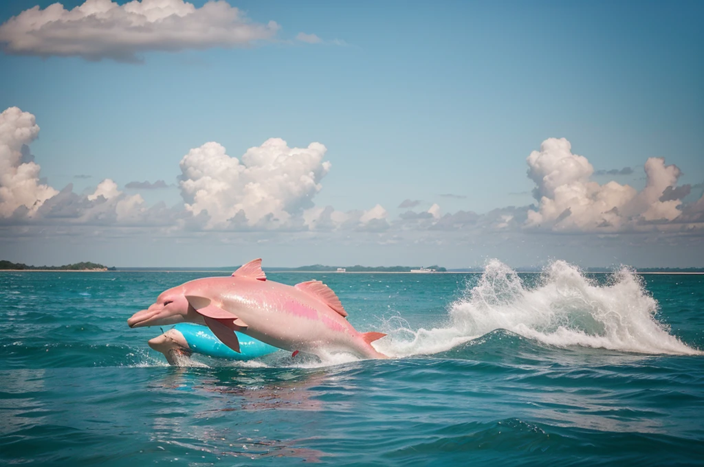 pink dolphin swim in thai ocean near speed boat, real photography, medium shot