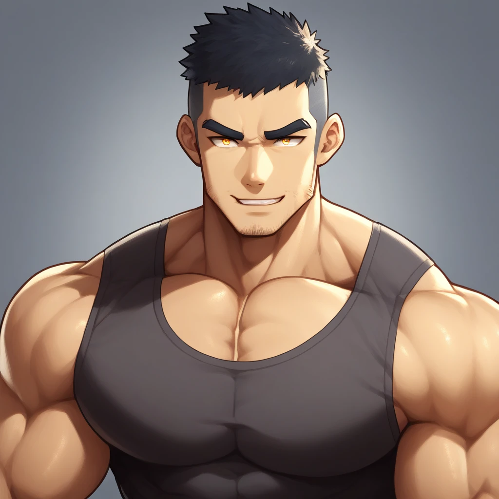 anime characters:Gyee, Muscle Sports Student, 1 muscular tough guy, Manliness, male focus, Light Yellow long sleeve tights, Very tight, The pectoral muscles are oversized, Slightly transparent, muscular male, muscular, only, Upper body, alone, Black short hair, Thick eyebrows, stubble, Yellow eyes, Grey background, simple background, amazing quality, best aesthetics, Ridiculous, bright pupils, crew cut, parted lips, seductive smile, torogao, naughty face, drop shadow, best quality