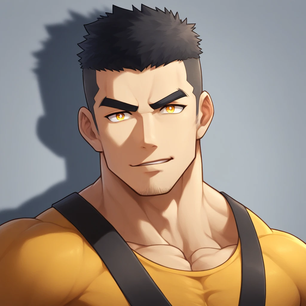 anime characters：Gyee, Muscle Sports Student, 1 muscular tough guy, Manliness, male focus, Light Yellow long sleeve tights, Very tight, The pectoral muscles are oversized, Slightly transparent, muscular male, muscular, only, Upper body, alone, Black short hair, Thick eyebrows, stubble, Yellow eyes, Grey background, simple background, amazing quality, best aesthetics, Ridiculous, bright pupils, crew cut, parted lips, seductive smile, torogao, naughty face, drop shadow, best quality