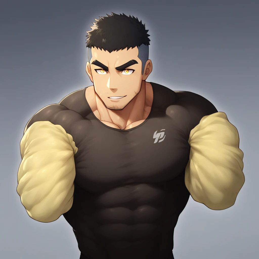 anime characters：Gyee, Muscle Sports Student, 1 muscular tough guy, Manliness, male focus, Light Yellow long sleeve tights, Very tight, The pectoral muscles are oversized, Slightly transparent, muscular male, muscular, only, Upper body, alone, Black short hair, Thick eyebrows, stubble, Yellow eyes, Grey background, simple background, amazing quality, best aesthetics, Ridiculous, bright pupils, crew cut, parted lips, seductive smile, torogao, naughty face, drop shadow, best quality