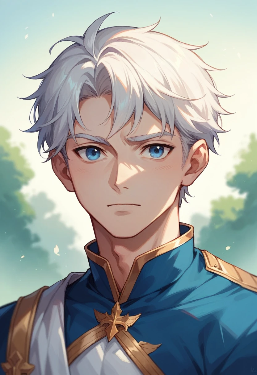 Masterpiece, best quality, High quality, upper body, outdoor, look at viewer, 1 young man, prince is, white hair,blue eyes,prince clothes,white,