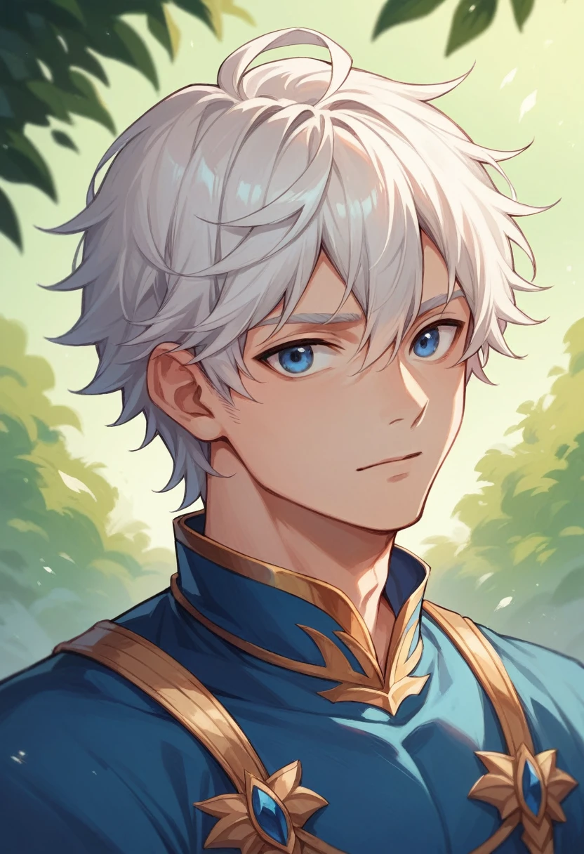 Masterpiece, best quality, High quality, upper body, outdoor, look at viewer, ung man, prince is, white hair,blue eyes,prince clothes,white,