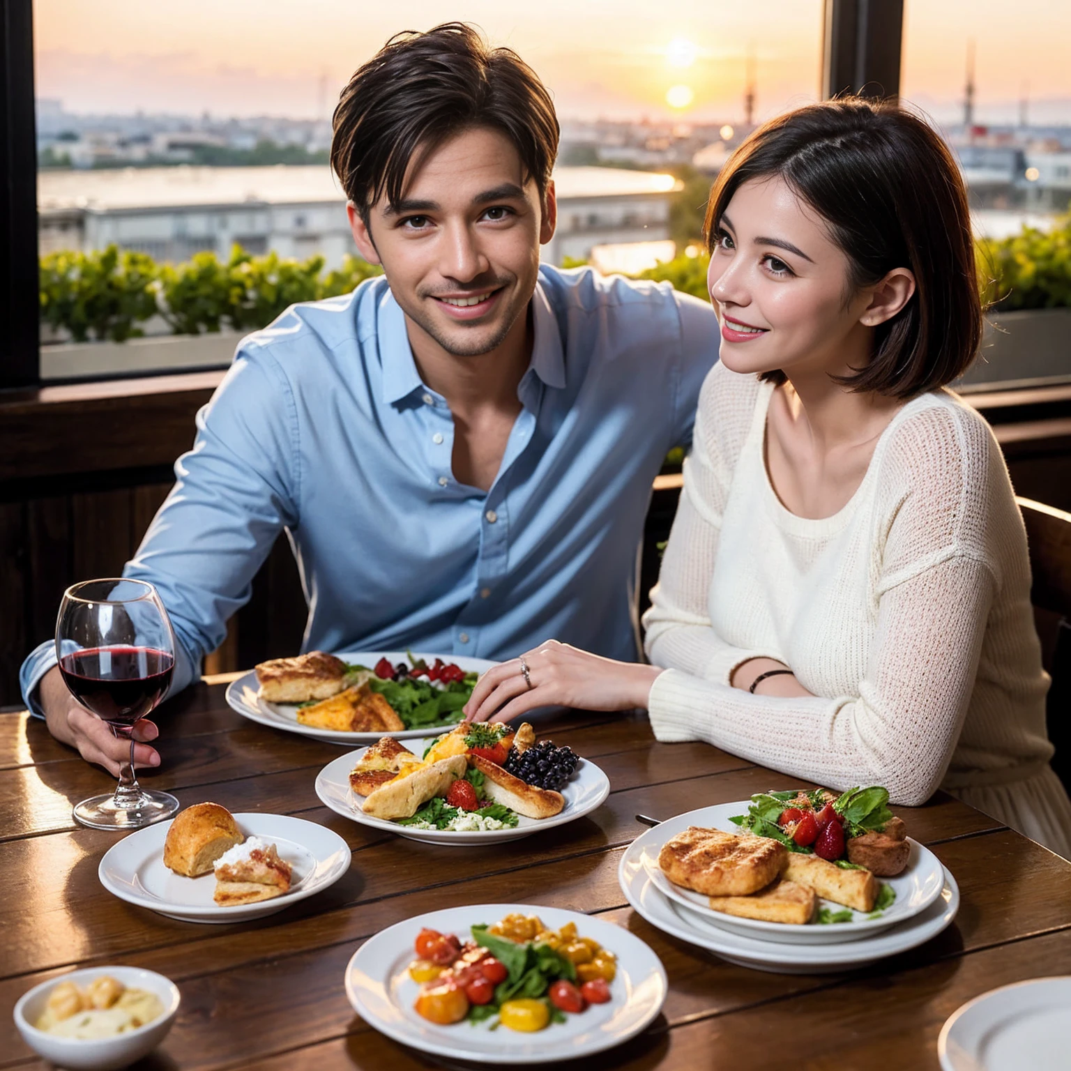 ((Highest quality、8K、masterpiece:1.3))、 (Ultra-realistic、 Genuine、Bright image、Intricate details:1.2), 最高のsmile、1 male 1 female、Beautiful couple、love love love、Lovers in Paris、Good friends、actress couple、smile、Full-course dinner at a packed table、 (Slim face), (the body is slim), (Brown Hair), (short hair), テーブルのwine glass、Please shine a light on my face、 Amazing view of the sunset sky and clouds、35 years old 39 years old, red wine 、Appetizers、Wine bottle、sparkling wine、Long sleeve shirt、dress、White wine, red wine, wine glass, 