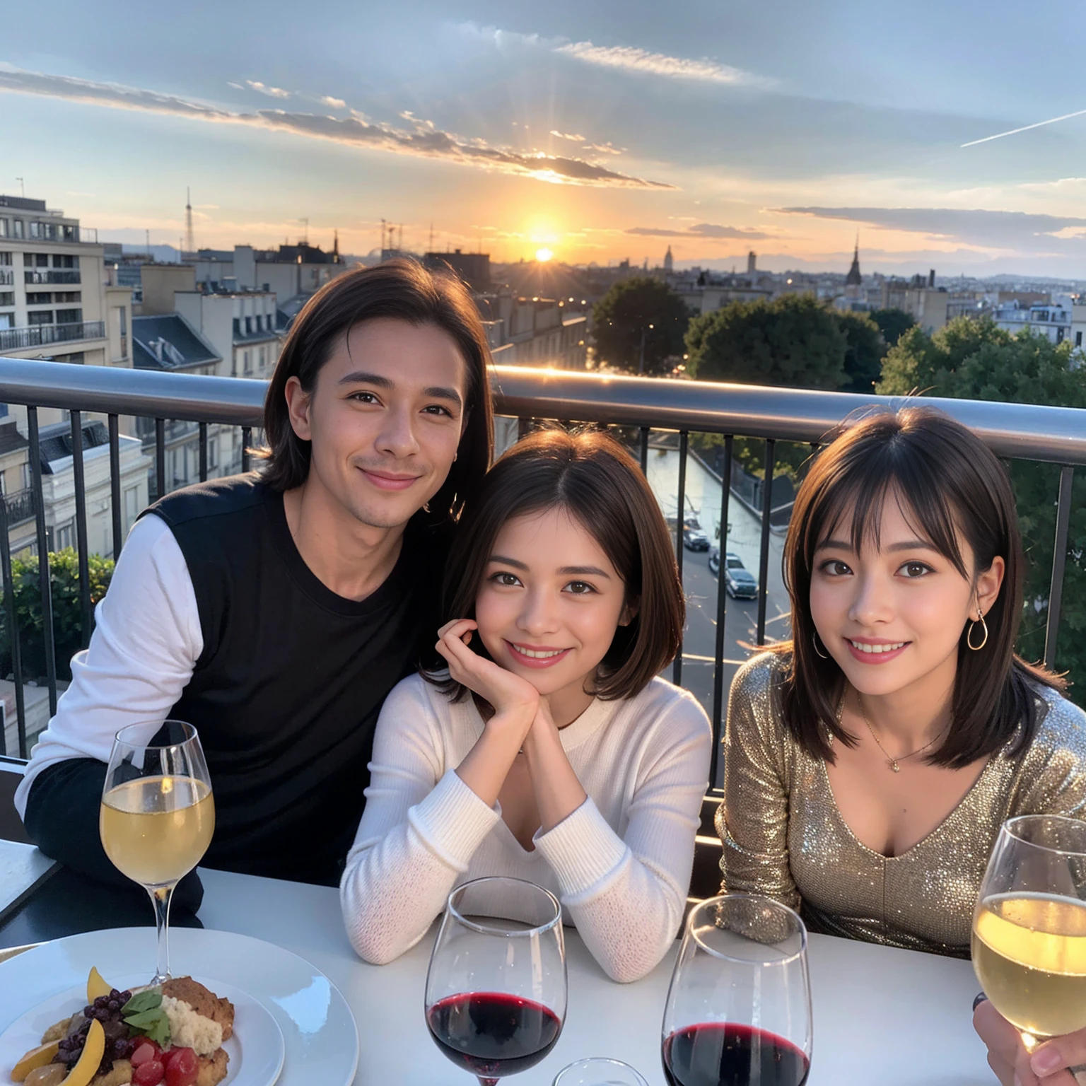 ((Highest quality、、masterpiece:1.3))、1 male、1 female、spouse、Beautiful couple、Japanese couple、smile、 (Slim face), (the body is スリム), (Brown Hair), (Shortcuts), ((Bob Hale、Straight hair:1.2)), テーブルの上のwine glass、Please shine a light on my face、 Amazing view of the sunset sky and clouds、Amazing mountain views、smileの美しさ、Bright imYear、Blushing, Shortcuts,Bright Face、 Year), 39 Year, red wine 、Appetizers、Italian food、Wine bottle、Champagne、sparkling wine、Long sleeve shirt、dress、Attractive beauty、restaurant, Nova Frog Style, actress, model, Upper Body, White wine, red wine, wine glass, 