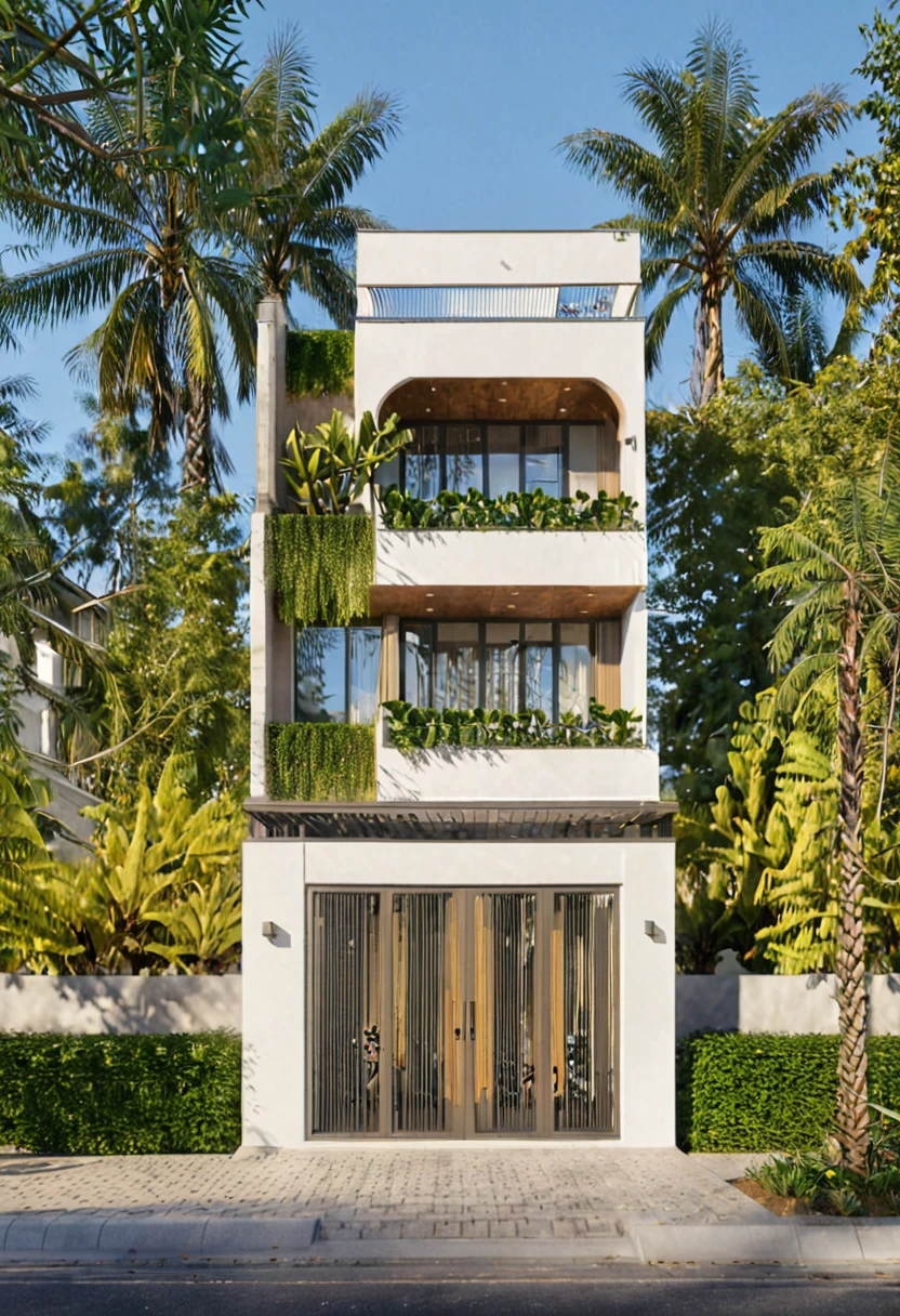 A luxurious and intricately detailed three-story neo-classical villa exterior scene, showcasing opulence. The art form chosen for this depiction is photography, captured with a 50mm lens. The esteemed photographer Ansel Adams serves as the source of inspiration. The villa stands amidst lush gardens, its ornate architecture emphasized by the play of shadows and sunlight. The color temperature is warm, enhancing the golden accents of the villa's design. The atmosphere exudes elegance, while the subjects exhibit serene expressions. Soft, natural lighting envelops the scene, creating a timeless ambiance