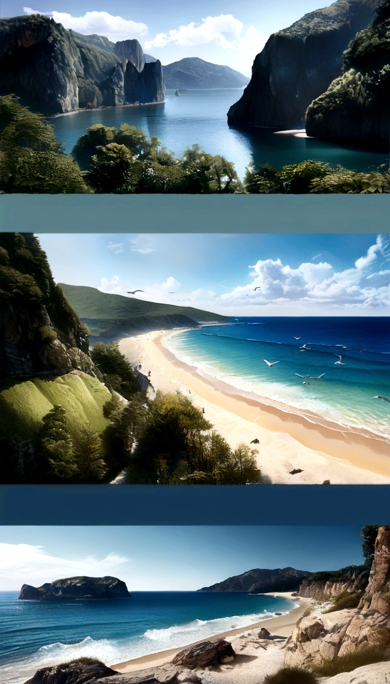 (Highest quality,4K,8K,High resolution,masterpiece:1.2),Super detailed,(Realistic,photoRealistic,photo-Realistic:1.37),blue sky,Baiyun,Birds in the distance,Ocean,Vast image,Vision,landscape,Oceanの波,peaceful,quiet,fresh air,Serene atmosphere,Soft sunlight,breeze,Sandy Beach,Seagulls are flying,Beautiful views,Endless Horizon,Vibrant colors,sky reflection on Ocean surface,Lush greenery,Swaying Tree々,Mountain in the background々,amazing beauty of nature,陸とOceanの調和,Relaxing environment