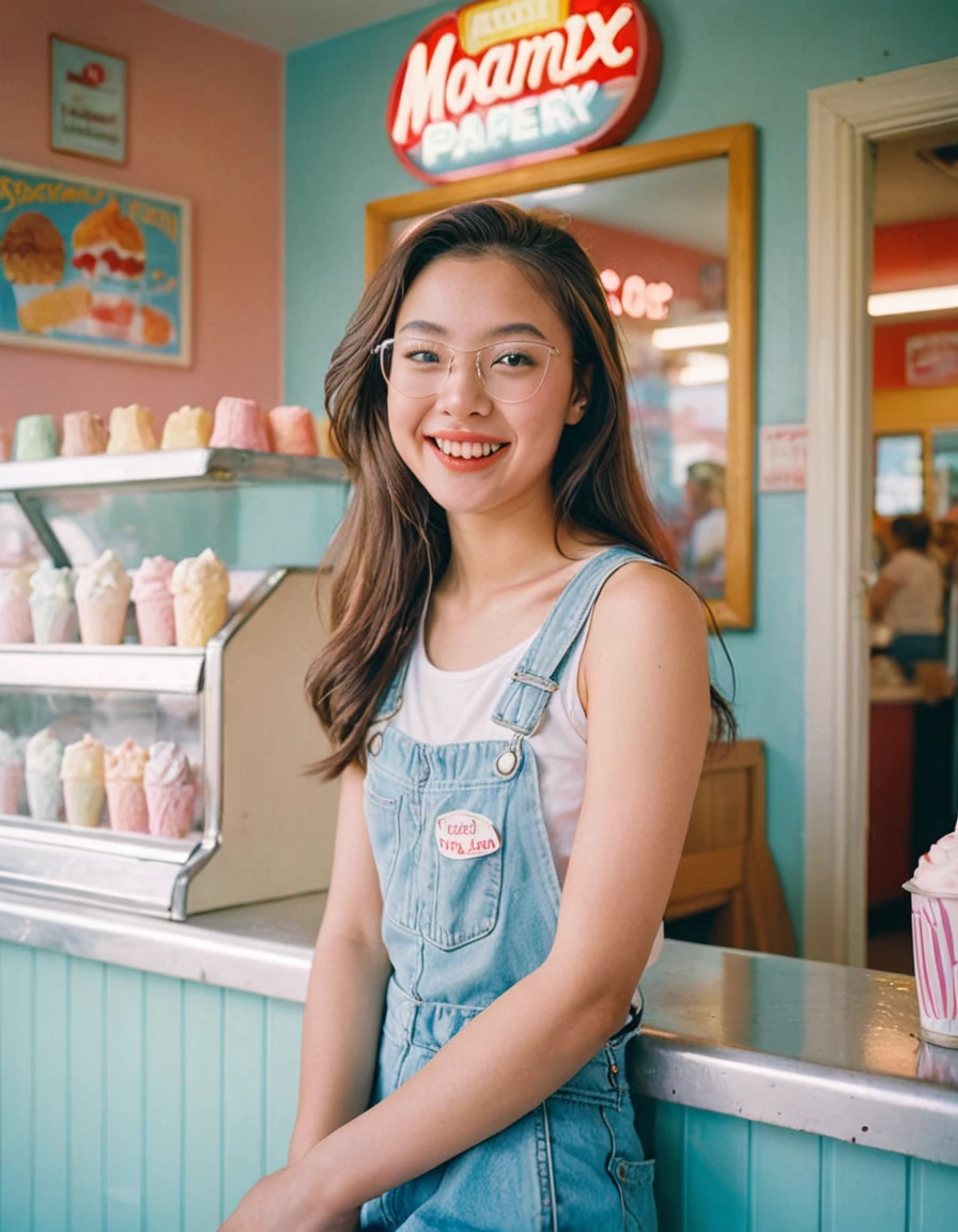 Portrait MagMix Girl looking at the camera, Long Hair, Overalls, A retro ice cream shop with pastel-colored walls, Classic Soda Fountain Counter, Vintage ice cream poster, bathed in warm sunlight, Analog Film Photography, Kodachrome,White tank top,Blue shorts,(((Glasses))),Eating a cream-filled pastry, Sticking out tongue,A delicious smile