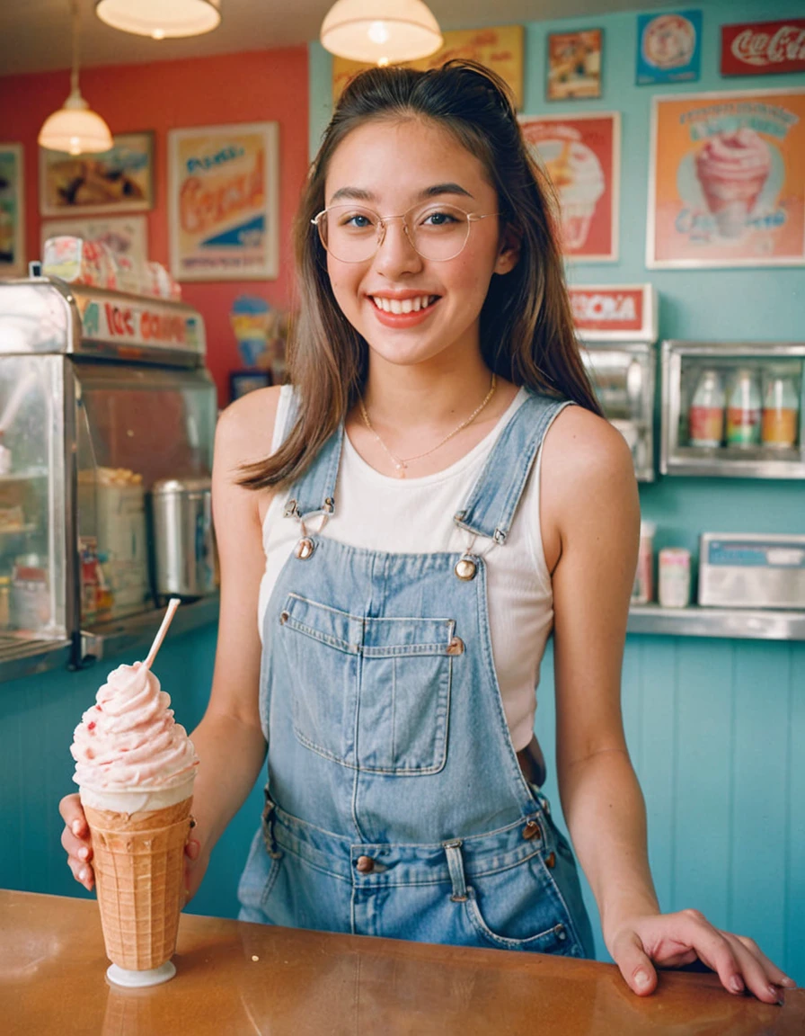 Portrait MagMix Girl looking at the camera, Long Hair, Overalls, A retro ice cream shop with pastel-colored walls, Classic Soda Fountain Counter, Vintage ice cream poster, bathed in warm sunlight, Analog Film Photography, Kodachrome,White tank top,Blue shorts,(((Glasses))),Eating a cream-filled pastry, Sticking out tongue,A delicious smile