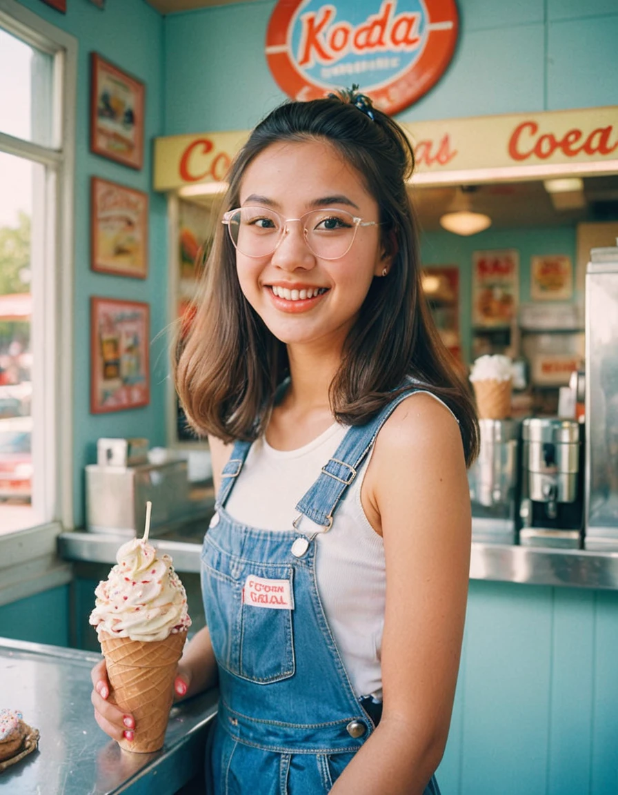 Portrait MagMix Girl looking at the camera, Long Hair, Overalls, A retro ice cream shop with pastel-colored walls, Classic Soda Fountain Counter, Vintage ice cream poster, bathed in warm sunlight, Analog Film Photography, Kodachrome,White tank top,Blue shorts,(((Glasses))),Eating a cream-filled pastry, Sticking out tongue,A delicious smile