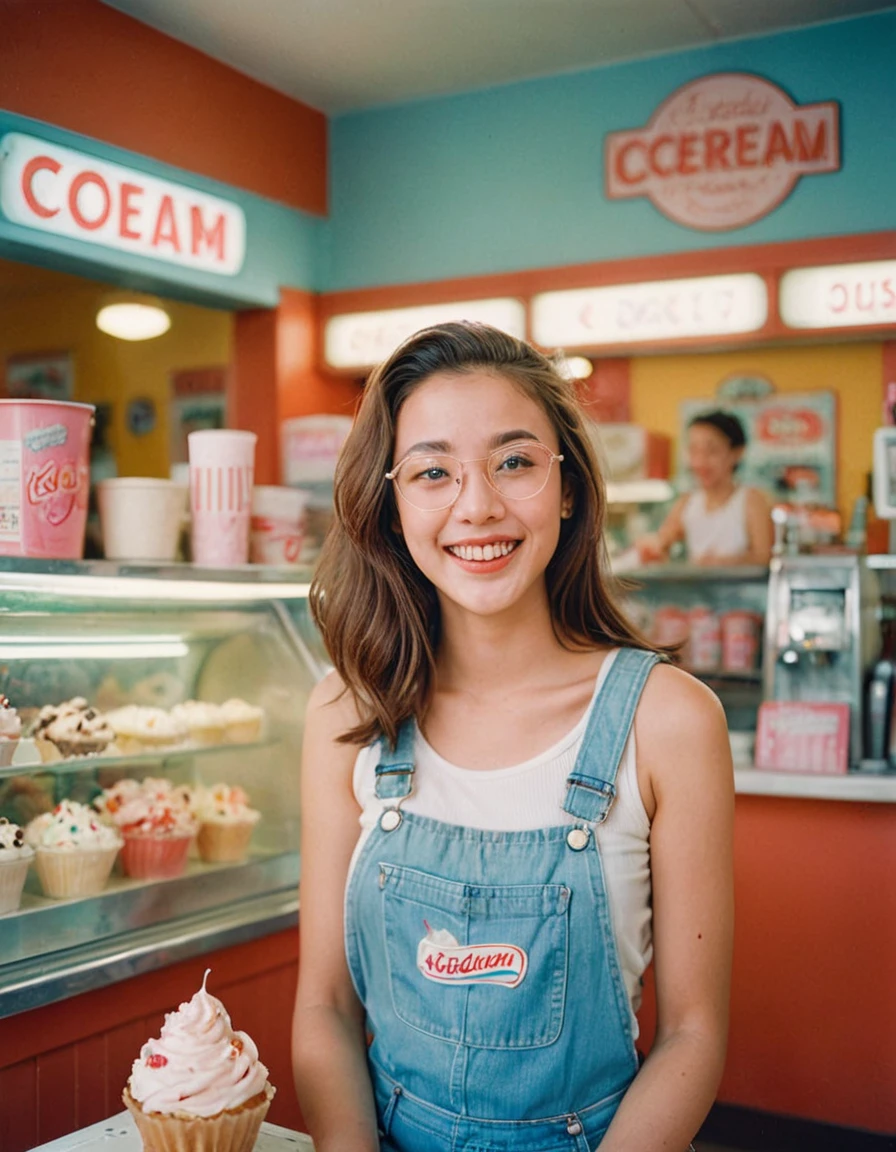 Portrait MagMix Girl looking at the camera, Long Hair, Overalls, A retro ice cream shop with pastel-colored walls, Classic Soda Fountain Counter, Vintage ice cream poster, bathed in warm sunlight, Analog Film Photography, Kodachrome,White tank top,Blue shorts,(((Glasses))),Eating a cream-filled pastry, Sticking out tongue,A delicious smile