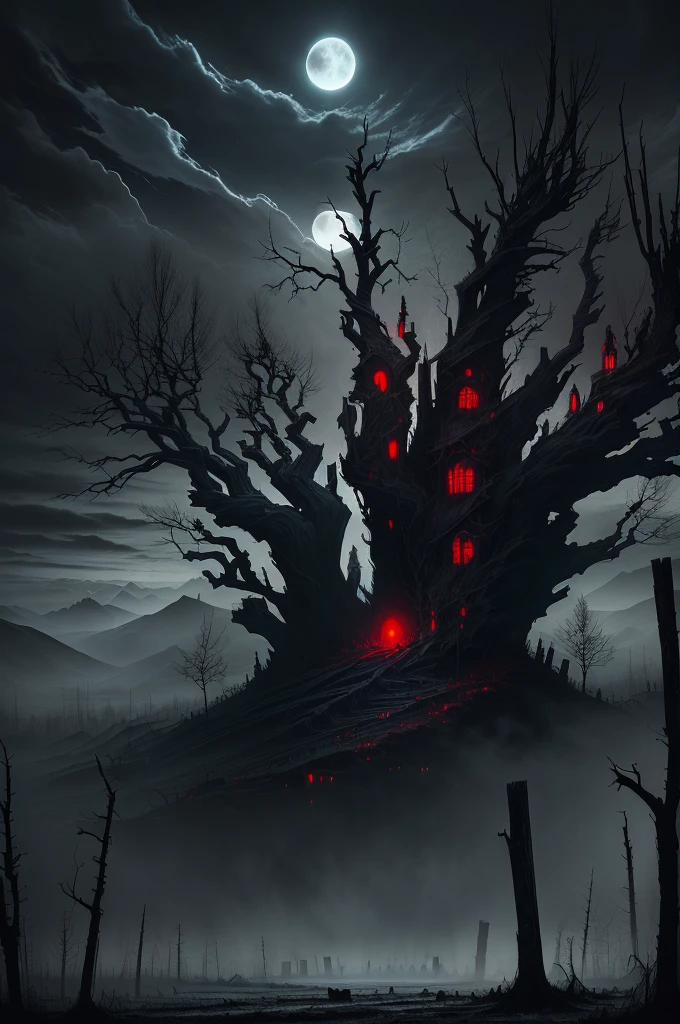 a dark and eerie night landscape, a haunting and foreboding atmosphere, dead trees, cracked earth, glowing red moon, ominous clouds, decaying, skeletal figures, horror, macabre, sinister, (masterpiece, top quality, best quality, ((no humans)), scenery, red theme, night)