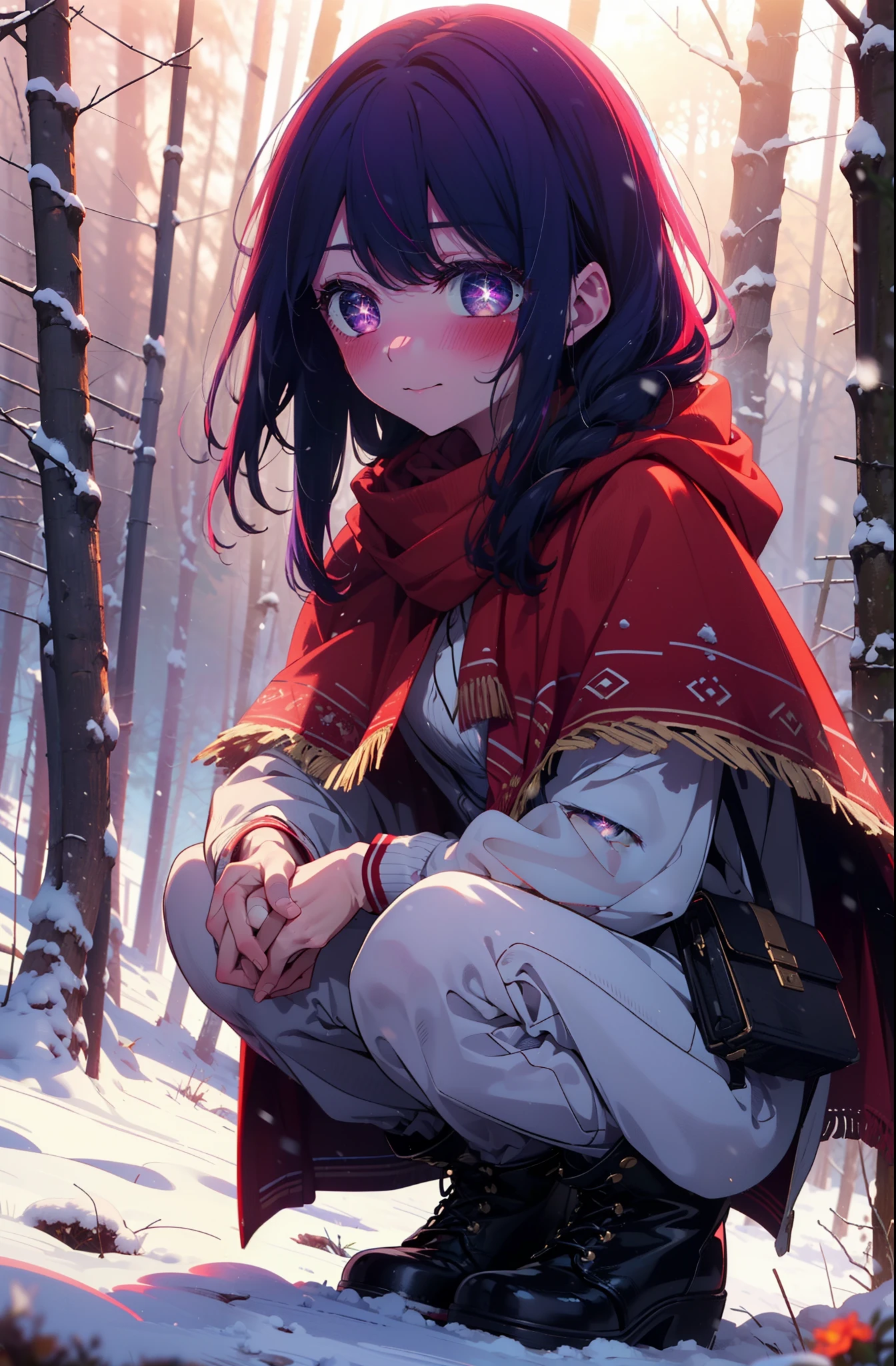 aihoshino, Ai Hoshino, Long Hair, bangs, (Purple eyes:1.1), Purple Hair, (Symbol-shaped pupil:1.5), smile,,smile,blush,White Breath,
Open your mouth,snow,Ground bonfire, Outdoor, boots, snowing, From the side, wood, suitcase, Cape, Blurred, , forest, White handbag, nature, Squat, Mouth closed, Cape, winter, Written boundary depth, Black shoes, red Cape break looking at viewer, Upper Body, whole body, break Outdoor, forest, nature, break (masterpiece:1.2), Highest quality, High resolution, unity 8k wallpaper, (shape:0.8), (Beautiful and beautiful eyes:1.6), Highly detailed face, Perfect lighting, Extremely detailed CG, (Perfect hands, Perfect Anatomy),