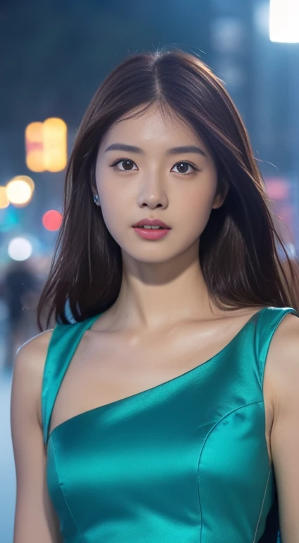 ((Realistic lighting, Best quality, 8K, Masterpiece: 1.3)), Focus: 1.2, 1girl, Perfect Figure: 1.4, Slim Abs: 1.1, ((Dark brown hair)), (Cyan dress: 1.4), (Outdoor, Night: 1.1), City streets, full bodySuper fine face, Fine eyes, Double eyelids,