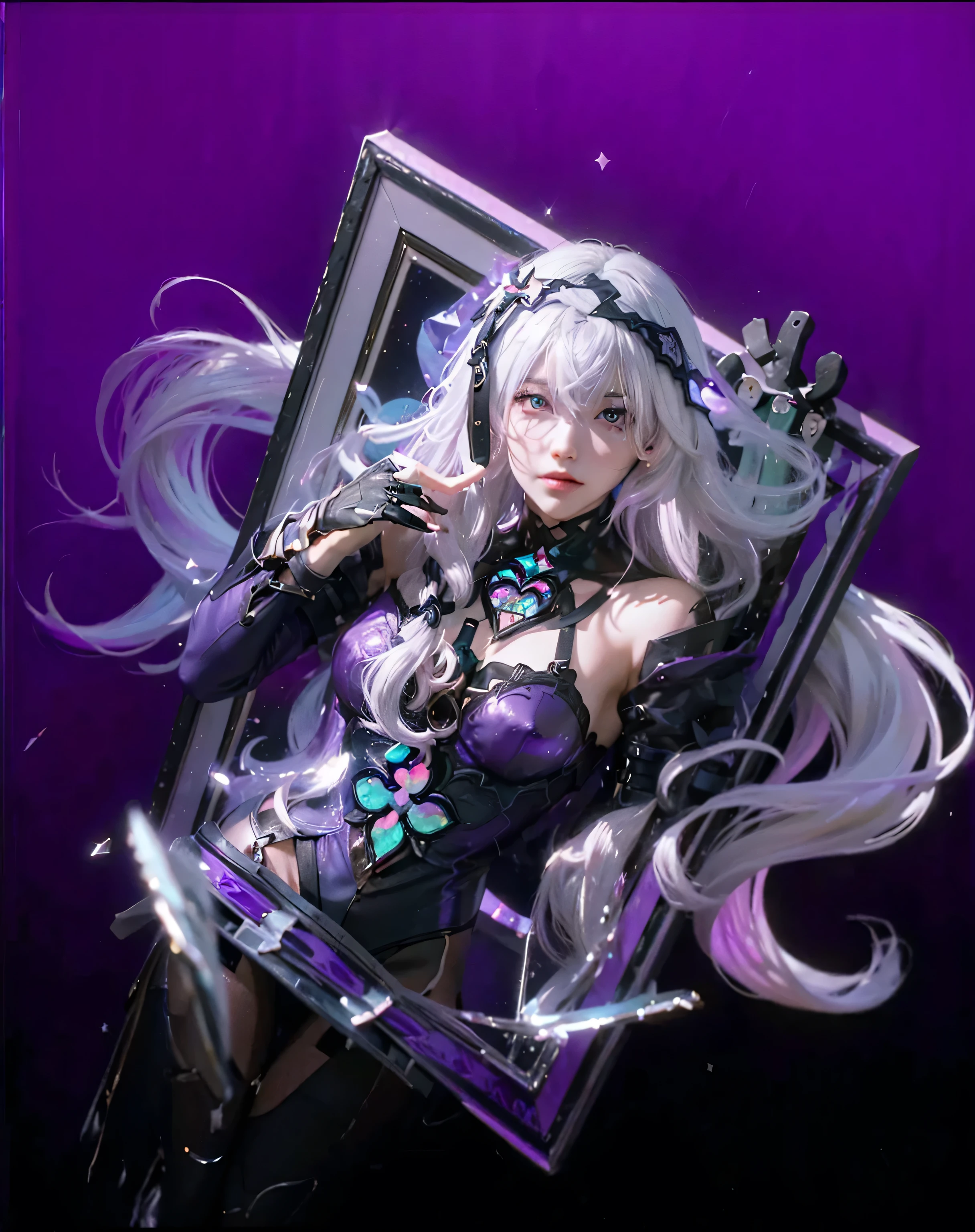 ((BLACK SWAN_HONKAI STARRAIL)),((realistic, photorealistic)),(highlight hair)), Light reflection, (( HD )),((upper body)), (((best quality, masterpiece))), (masterpiece) (best quality) (detail) (8k) (HDR) (wallpaper) (cinematic lighting) (sharp focuasterpiece, best quality: 1.1), Real life adaption of this character, Asian teen beauty face, Shining green eyes, realistic outfit, realistic shadow, realistic light, realism, hyper realistic,realistic hair, realistic background,(photorealistic:1.2), 1girl, glow purple,Gradient black and purple background, broken glass, white hair with white and purple gradations, floating hair, out of the photo frame, hooded,Black Gloves,