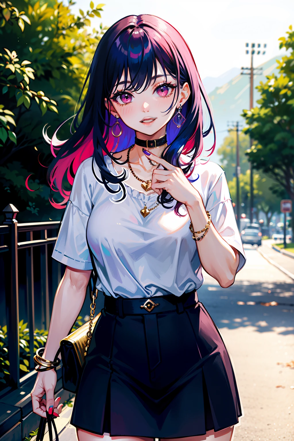 masterpiece, best quality, highly detailed, 1girl, solo, perfect anatomy, slim, red eyes, blue hair, bangs, purple hair, hair between eyes, multicolored hair, gradient hair, pink lips, thick thighs , edgCT, blouse, wearing edgCT, chic top, light smile, detailed background, outdoor, standing, sexy, sunglasses, skirt, earrings, necklace, bracelet,