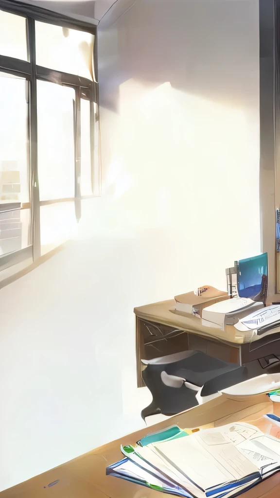 There is a painting,There is a table in the painting,There is a monitor on it., In the anime painter studio, Office Background, Interior Background Art, Anime Background Art, Makoto Shinkai's style, Personal room background, Animation keyframes, Produced in collaboration with Anime Painter Studio, corner Office Background, Shinkai Makoto Studio, Shinkai Makoto style