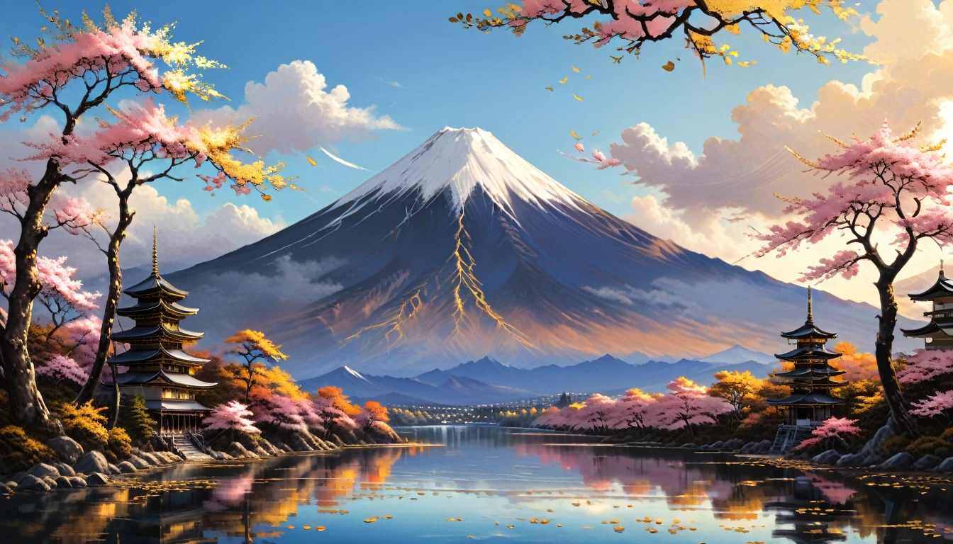 Gold leaf art, Alena Aenami, (masterpiece, Highest quality, Professional, Perfect composition, so beautiful, Absurd, Super detailed, Intricate details:1.3)、Mount Fuji in the center with no other mountains、Inverted Fuji reflected in the lake、Gold leaf art,