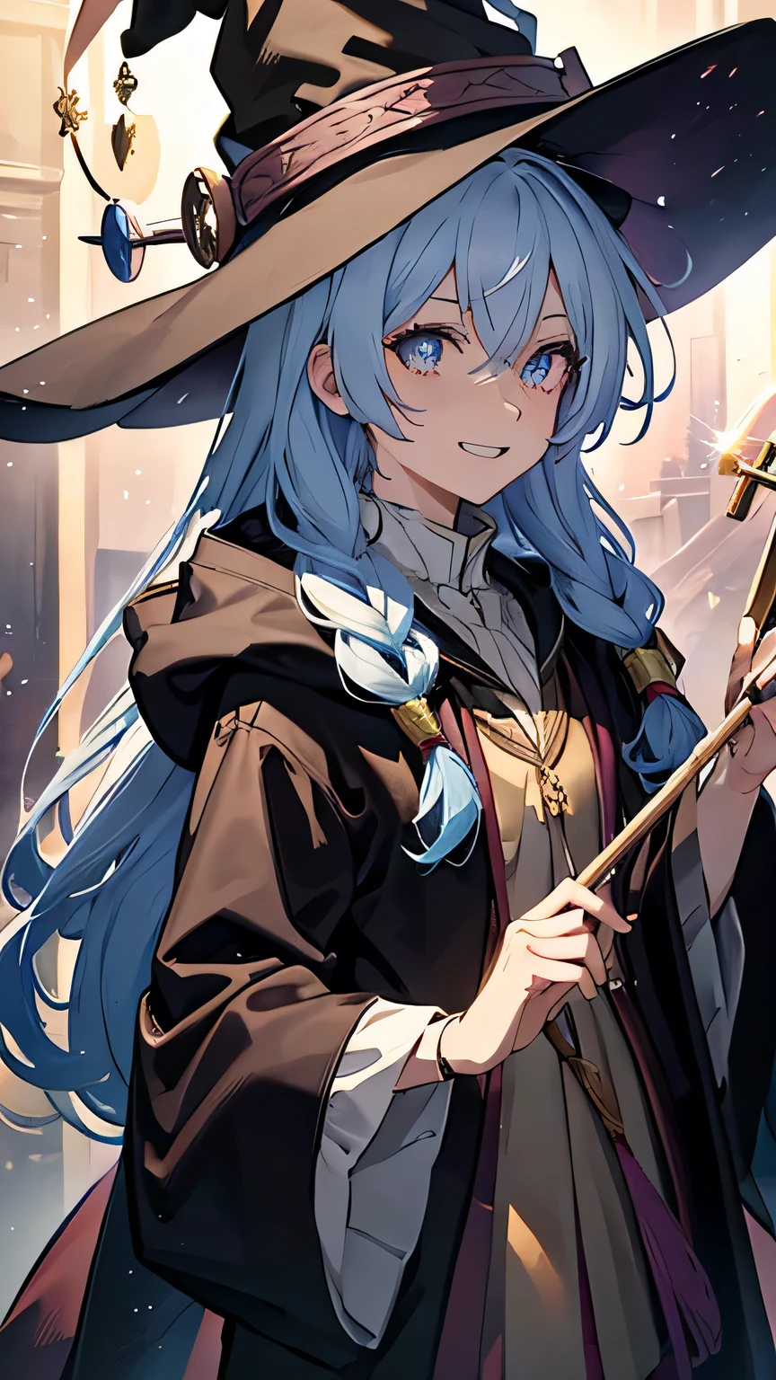 rainbow hair, hair over shoulder, messy hair, hair over eyes, witch hat, wizard hat, grin, bright pupils, happy, anime, cinematic lighting, UHD, ((masterpiece)), super detail, (detailed eyes, detailed face), high quality, highres, high details, Witch with powerful magical light, female wizard, wide-brimmed hat, wizard's staff, wand