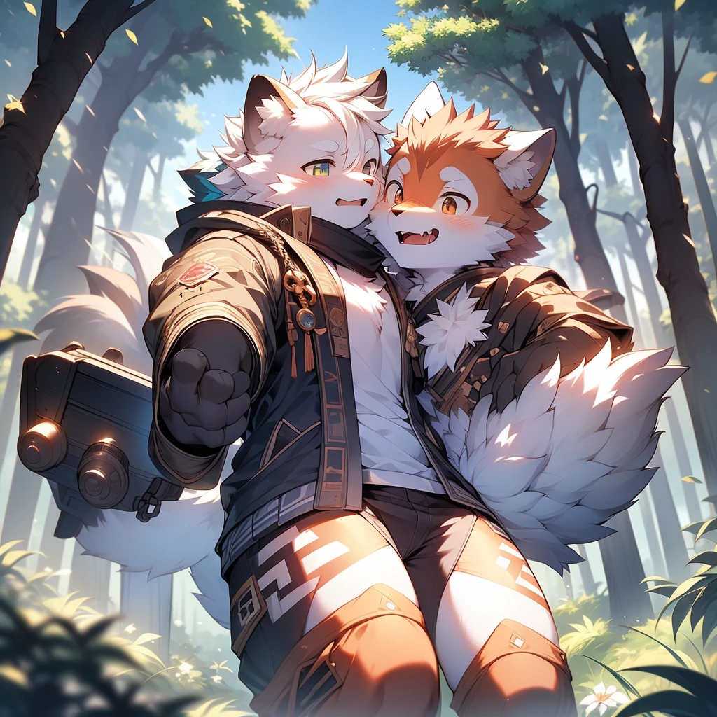 (Meisterwerk: 1,3), (2D: 1,0), (Anime: 1,0), (Illustration: 1,0). cute scene of a 16 year old male wolf entering into another 16 year old male wolf from behind hidden within sume bushes, bent over, bending over, hands on wall, hands on hips, close, embrace, humping ass, penetrating ass, making love, penetration, standing, standing behind, behind, one behind the other, from behind, uploaded to e621, erect, erection, big genitalia, 16 years old, small, red eyes, shota, shota boy, boy, muscular boy, no shorts, naked ass, wet tongue hanging out, milk dripping from tongue, socks, tank top, wristband, (masterpiece:1.2),(anatomically correct:1.1), high quality:1.3, 2 arms, 2 legs, 1 tail, fluffy tail, moe fang, cute fang, little fang, open mouth, closed eyes, looking up, blushing, cute, adorable, pretty, cum, cum out, erotic, ass, really plump ass, night, wooden hut, stars, falling leaves, trees, wind, bushes, hidden within bushes, vegetation, river, low saturation, simple color palette
