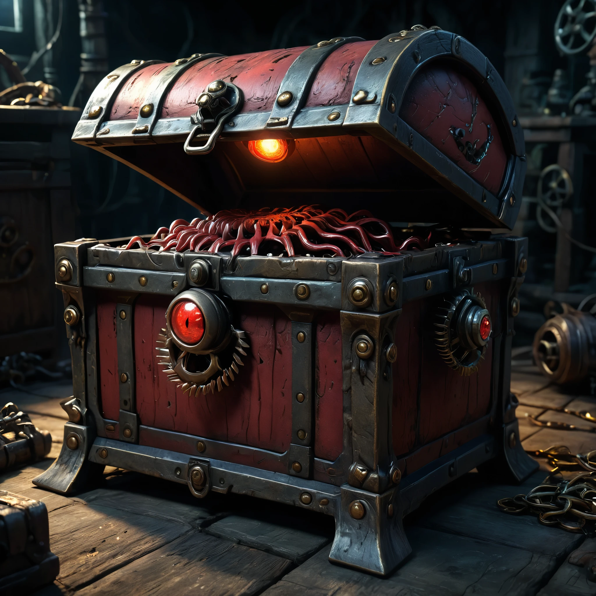 a mysterious treasure chest monster, highly detailed, ultra-realistic, 1 creature, treasure chest body, sharp fangs, glowing red eyes, tentacles emerging from the chest, detailed textures, intricate mechanical gears, rusted and worn, dramatic lighting, dark moody atmosphere, fantasy, cinematic angle