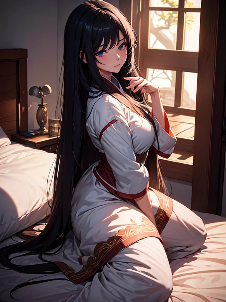 "Ono no Komachi, her long, black hair spread out like a dark waterfall, is lying on a luxurious futon in a traditional Japanese bedroom. She is dressed in a loose, silk robe, slightly open at the neckline, revealing her delicate collarbones. Her expression is one of calm and contentment as she reads a scroll or book by the soft light of a nearby paper lantern. The room is decorated with subtle elegance, featuring delicate screens and sliding doors painted with serene landscapes. The overall scene is intimate and tranquil, highlighting her serene beauty and the comfort of her surroundings."((pubic hair)),legs spread,(((((BACK SEX))))),open mouth,closed eyes,((penis)), royal bedroom.,(((night))),(((((lying,vaginal))))),((( naked)))