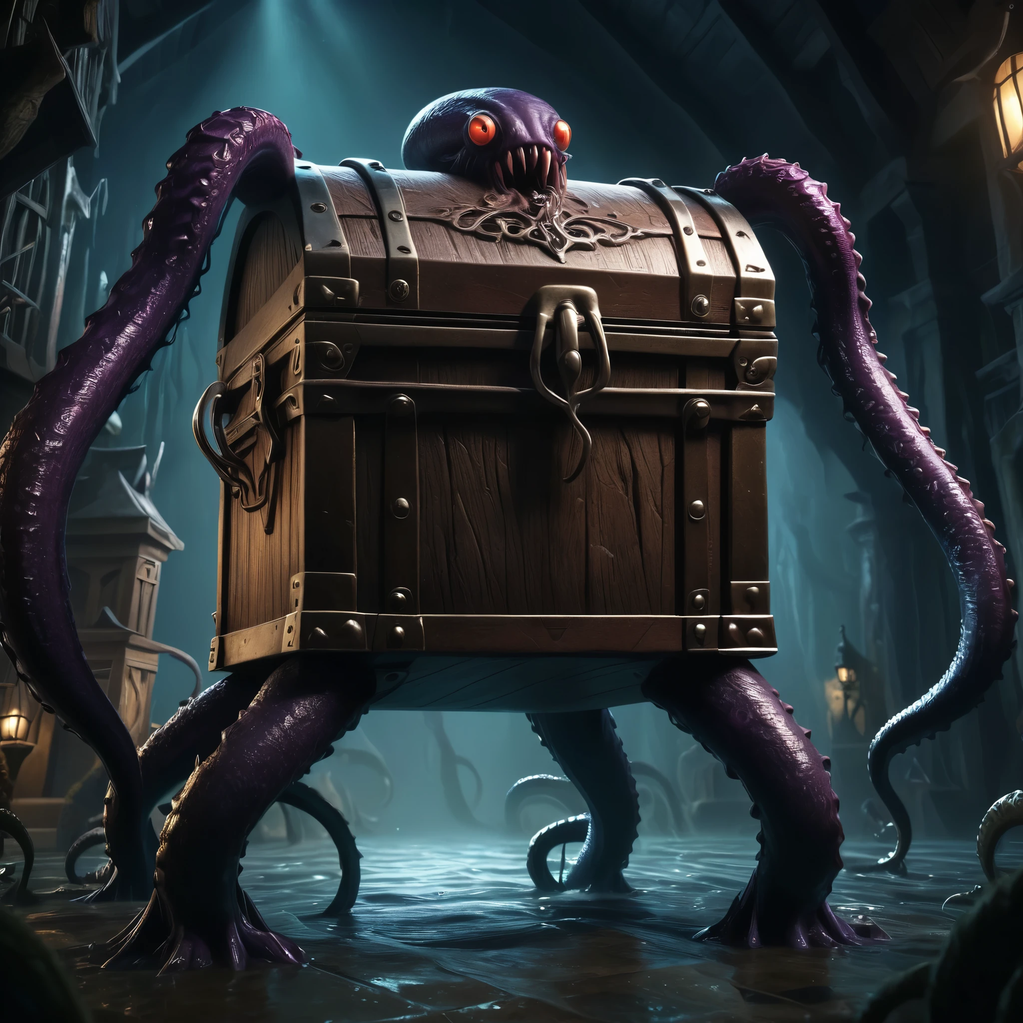 a terrifying treasure chest monster with long arms and legs, massive tentacles, glowing eyes, sharp fangs, detailed intricate texture, dark fantasy, moody lighting, dramatic cinematic composition, highly detailed, 8k, photorealistic, masterpiece