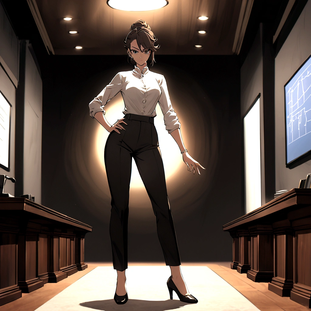 A female character in Tsukasa Hojo style, wearing a tailored black pantsuit, a white blouse, and a pair of black pumps. Her hair is styled in a sophisticated updo, and she has a confident, determined look in her eyes. She is standing in a boardroom, giving a presentation.