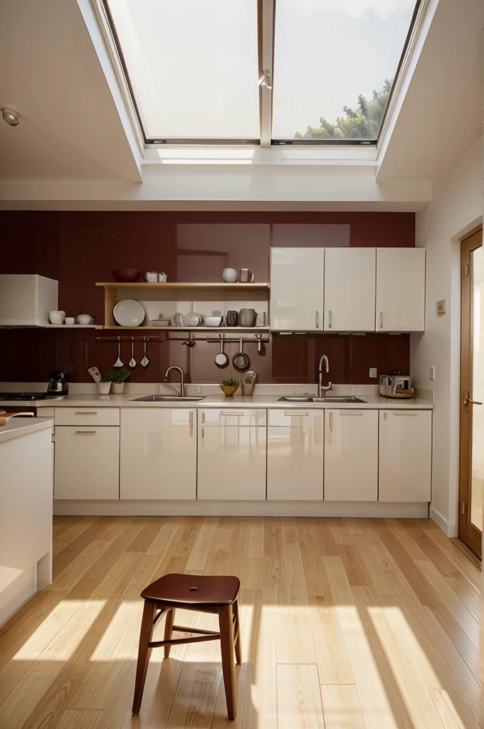 A minimalist kitchen scene, set within a compact 1m x 2m space, features a bold, rich maroon-red kitchen set that dominates the room, contrasted by pristine white walls and a small, intimate window to the left, allowing a sliver of warm, golden light to enter. The atmosphere is cozy and inviting, with a small dining table nestled close to the window, surrounded by subtle hints of warm beige and creamy whites, evoking a sense of homeliness and comfort.