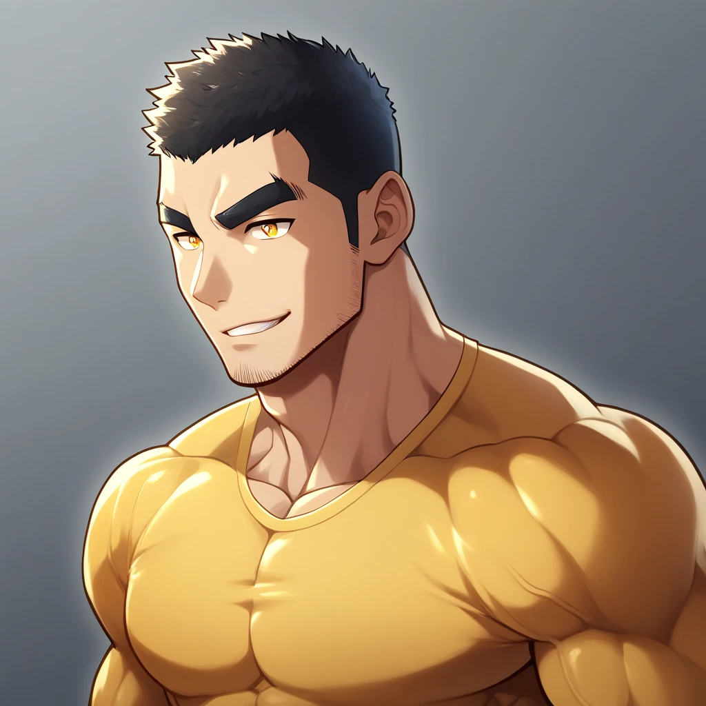 anime characters:Gyee, Muscle Sports Student, 1 muscular tough guy, Manliness, male focus, Light Yellow long sleeve tights, Very tight, The pectoral muscles are oversized, Slightly transparent, muscular male, muscular, only, Upper body, alone, Black short hair, Thick eyebrows, stubble, Yellow eyes, Grey background, simple background, amazing quality, best aesthetics, Ridiculous, bright pupils, crew cut, parted lips, seductive smile, torogao, naughty face, drop shadow, best quality