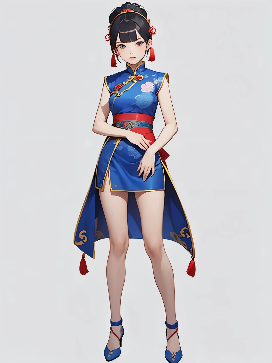 Costume，Chinese Tang Dynasty women，Full figure，Blue cheongsam，Short skirt，Standing，Show your shoulders，Show your arms，Show your thighs，Embroidered shoes，Ball head hairstyle，whole body，Blank Background